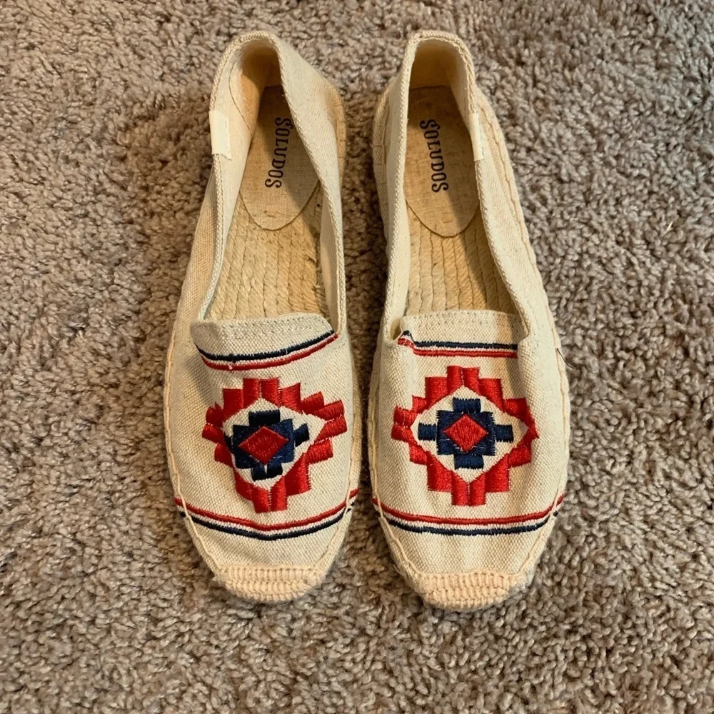 Soludos Boho Embroidered Platform Espadrilles Flats Driving Shoes Cream Red 7